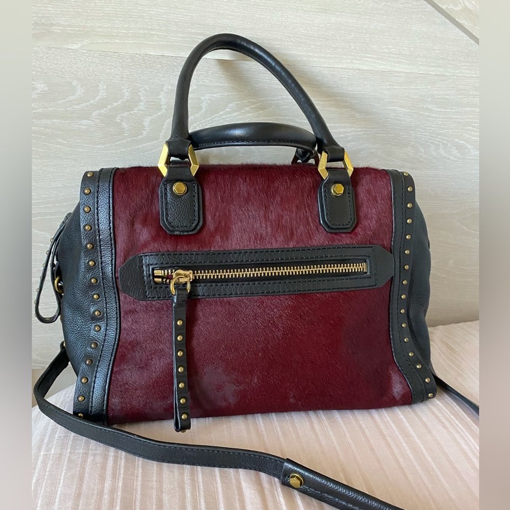 orYANY Brenda Burgundy CalfHair Leather Studded Speedy Satchel Shoulder Bag $535